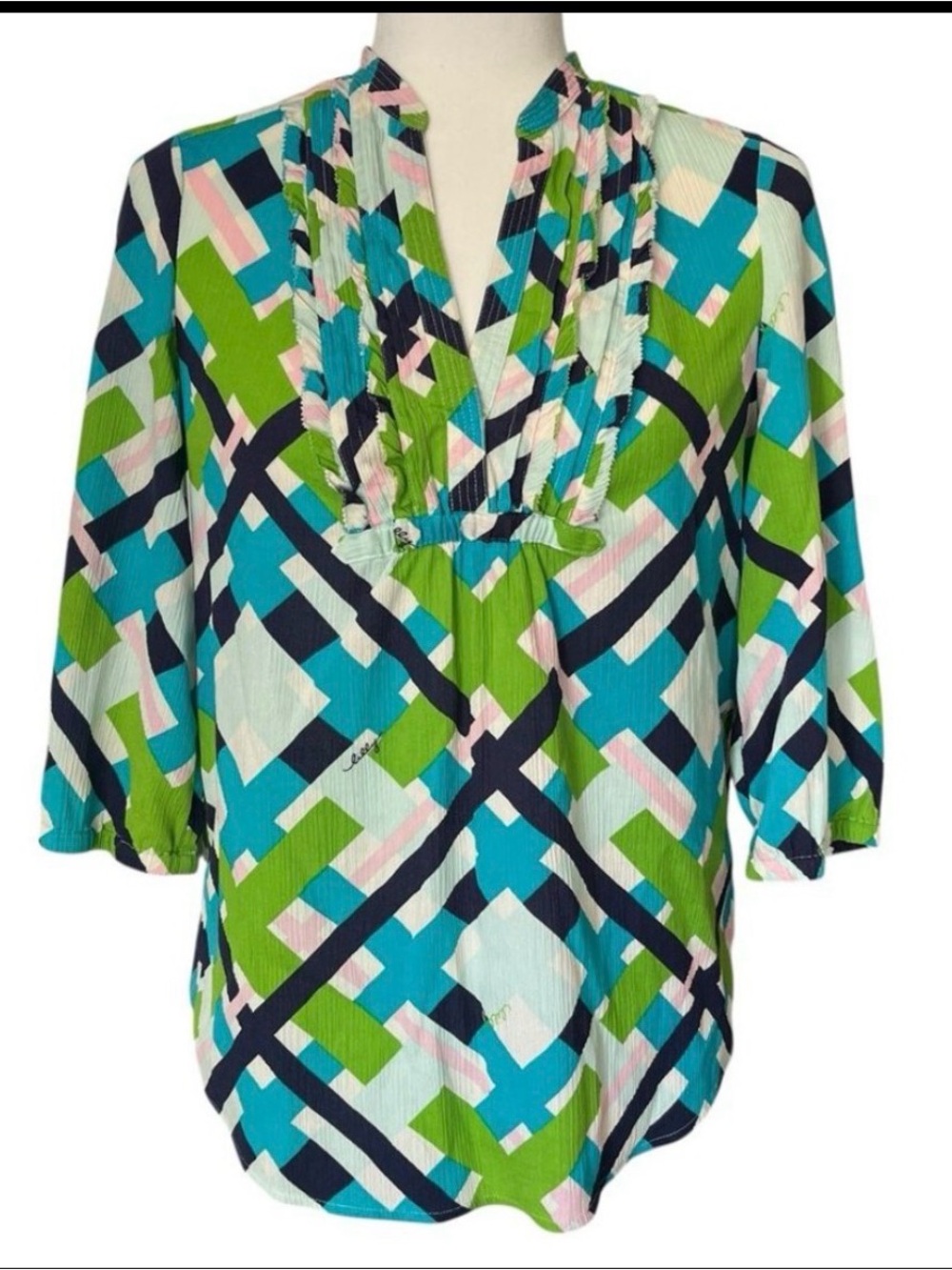 Geometric Print V-Neck Tunic Top in Green & Blue